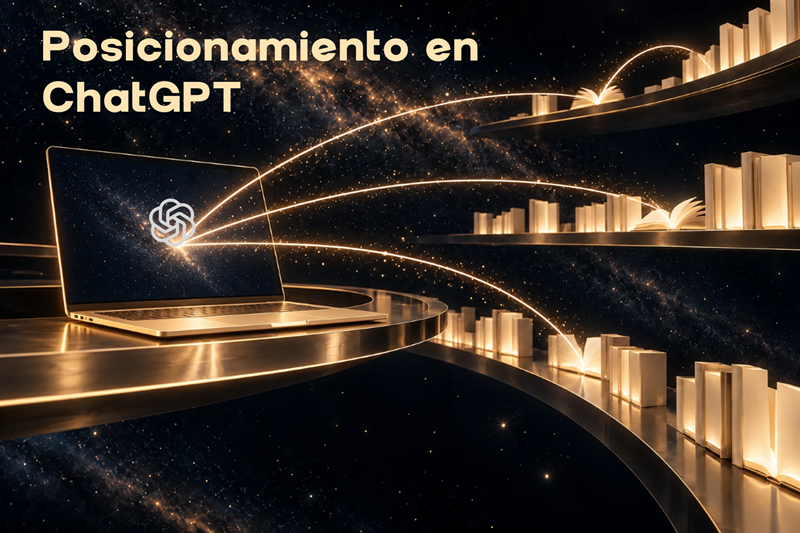 imagen de Posicionamiento en ChatGPT. Ordenador recibiendo conocimiento de libros en estanterías.