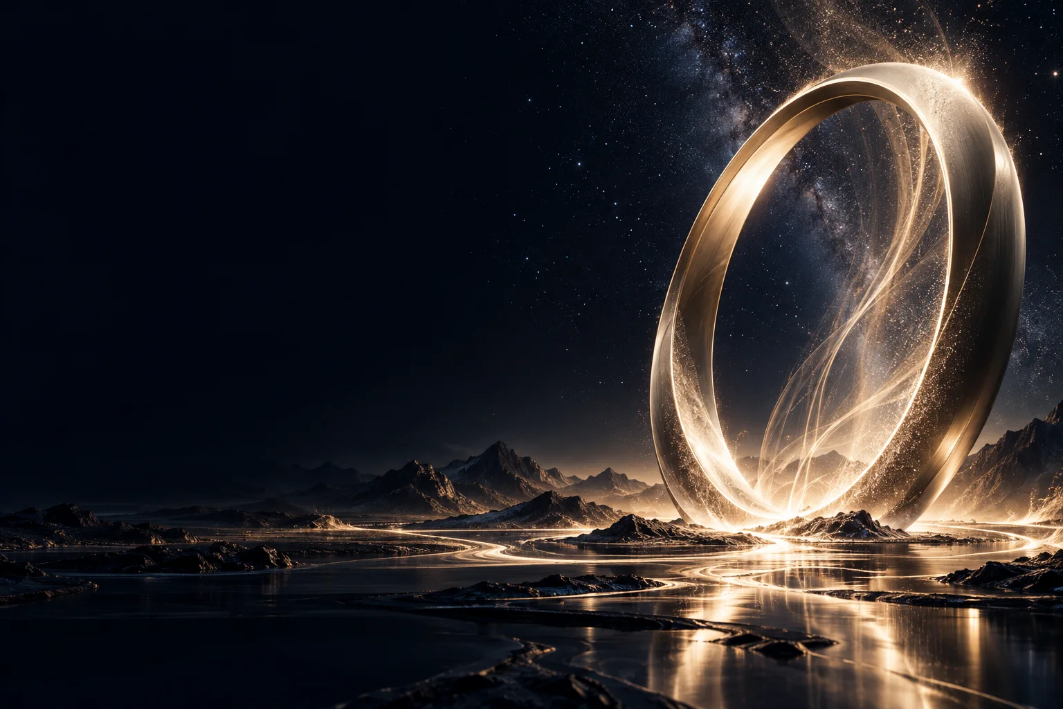 Gran anillo orbital de luz arena sobre un horizonte azul noche