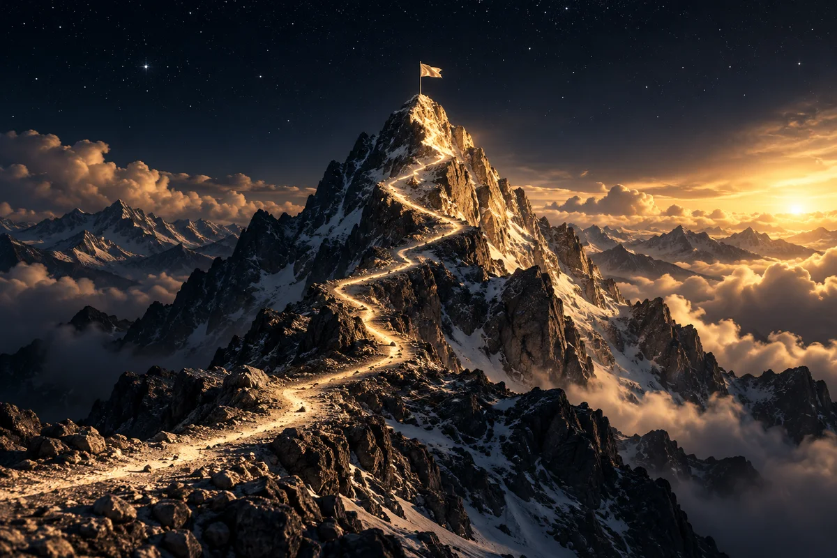 Montaña con una ruta luminosa que asciende hasta una bandera en la cima