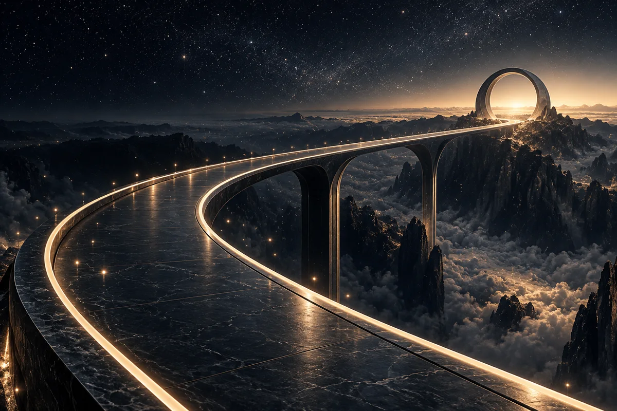 Puente de luz que conecta un paisaje oscuro con un horizonte abierto